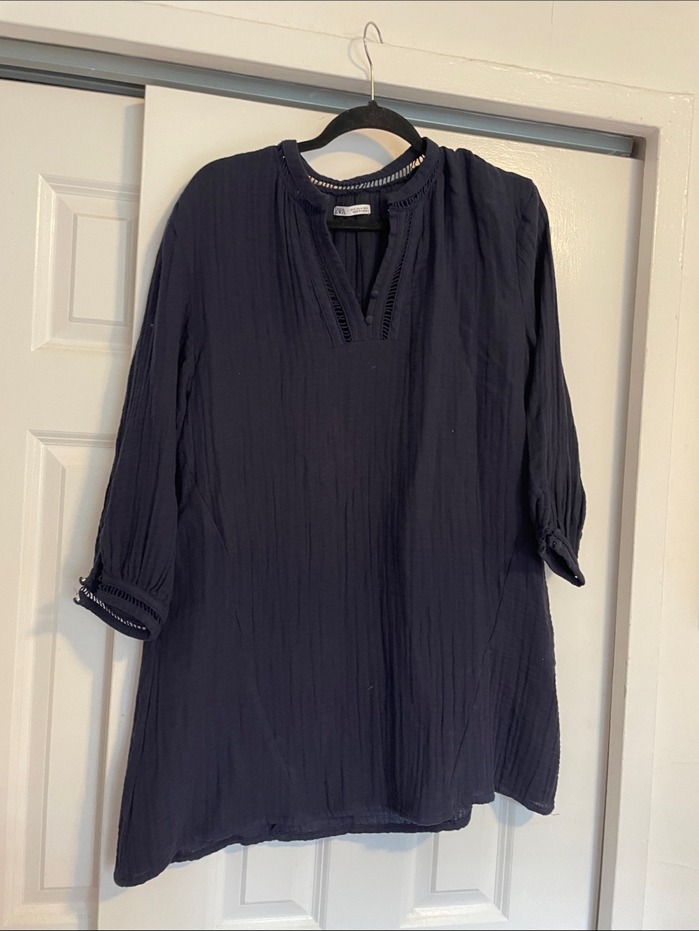 Zara Navy Split V Dress with Ladder Trim
